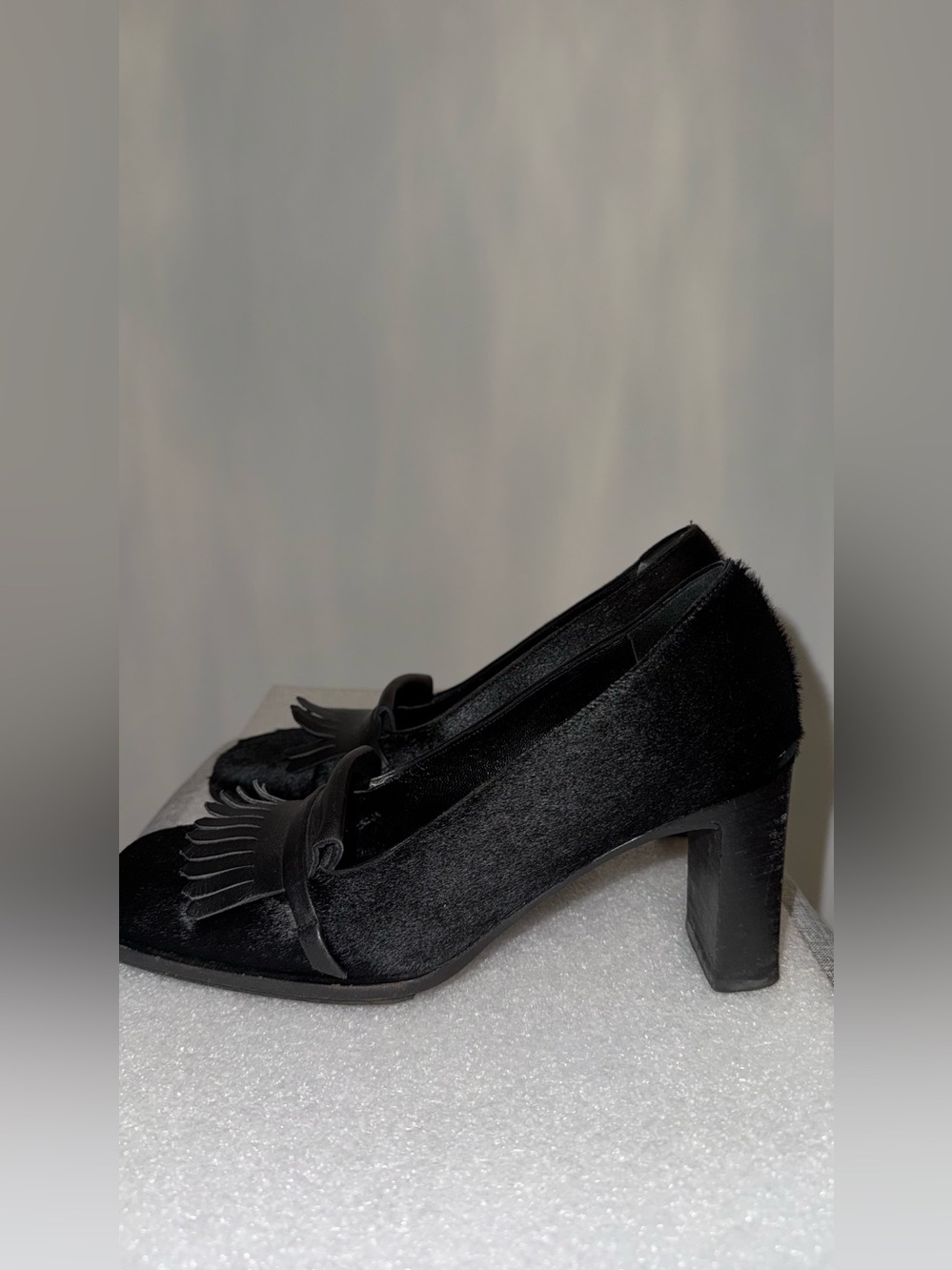 Vintage ESCADA Black Pony Hair Kiltie Square Toe Pumps Size 6 Italy